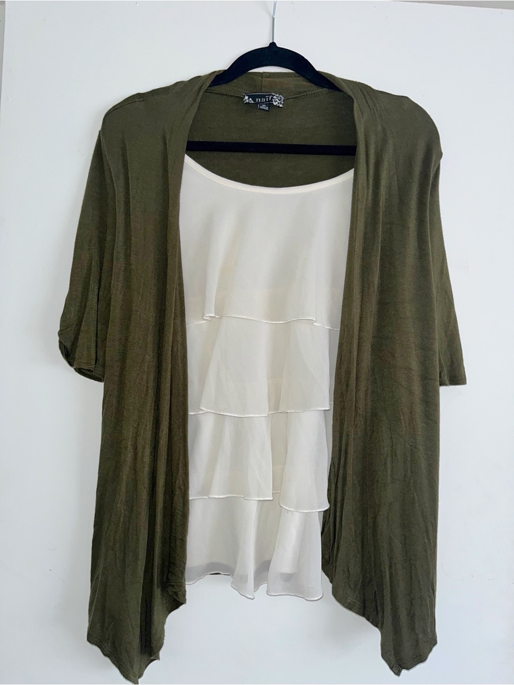 NAIF Olive Open Cardigan with Ivory Ruffle Tank